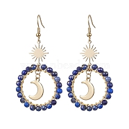 Moon & Star Copper Wire Wrapped Dangle Earrings, Natural Lapis Lazuli Beaded Long Drop Earrings, Golden, 65x33mm(EJEW-TA00312)