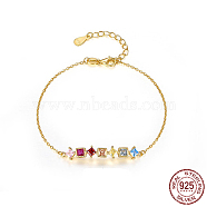 925 Sterling Silver Rectangle Link Bracelet, with Colorful Cubic Zirconia, with S925 Stamp, Real 18K Gold Plated, 6-3/4 inch(17cm)(VC6368-1)