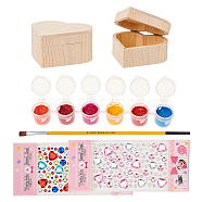 DIY Jewelry Boxes Kits, with Unfinished Heart Shape Wooden Jewelry Boxes, Wood Art Brushes Pen, Acrylic Rhinestone Sticker, Plastic Empty Paint Palette, Mixed Color, Boxes: 9.5x10.35x5cm, inner diameter: 6.4x8.8cm, 2pcs/set(DIY-PH0027-22)