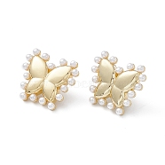Long-Lasting Plated Brass Stud Earrings with Plastic Pearl for Women, Lead Free & Cadmium Free, Butterfly, Real 18K Gold Plated, 18.7x21x3.7mm, Pin: 0.9mm(EJEW-A088-05G)