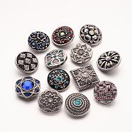 Flat Round with Mixed Style Zinc Alloy Jewelry Snap Buttons, with Rhinestone, Antique Silver, Mixed Color, 20~22x11mm, Knob: 5~5.5mm(ALRI-R019-M)
