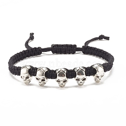 Skull Alloy Braided Bead Bracelet, Halloween Adjustable Bracelet for Women, Antique Silver, Inner Diameter: 2-3/8~3-3/8 inch(5.9~8.7cm)(BJEW-JB07861-02)