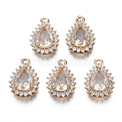 Brass Micro Pave Clear Cubic Zirconia Pendants, Long-Lasting Plated, Cadmium Free & Lead Free, Teardrop, Light Gold, 16x11x5.5mm, Hole: 1.6mm(KK-S359-089-RS)