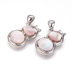 Natural Pink Shell Pendants, with Brass Findings, Calabash/Gourd, Platinum, 31x18x4mm, Hole: 3x7mm(SSHEL-K021-04A)