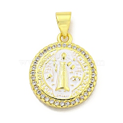 Rack Plating Brass Micro Pave Cubic Zirconia Pendants, with Enamel Cadmium Free & Lead Free, Real 18K Gold Plated, Flat Round, White, 18x15x4mm, Hole: 5mm(KK-B091-22G-08)
