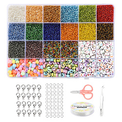 DIY Jewelry Making Kits, Including 16 Colors Round Silver Lined Round Hole Glass Seed Beads, 4 Style Flat Round Acrylic Beads, Zinc Alloy Clasps, Iron Jump Rings, Elastic Crystal Thread, Tweezers and Scissors, Mixed Color, Beads: 2mm, Hole: 1mm, 6~7x3~4mm,Hole: 1.5~2mm, 13280pcs/box(DIY-YW0003-15A)