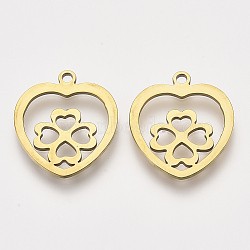 201 Stainless Steel Pendants, Laser Cut Pendants, Heart with Clover, Golden, 18x16x1mm, Hole: 1.2mm(STAS-S110-069G)