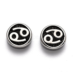 304 Stainless Steel Beads, Flat Round with Twelve Constellations, Antique Silver, Cancer, 10x4mm, Hole: 1.8mm(STAS-J033-01L)