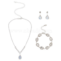 Crystal Rhinestone Jewelry Set, Alloy Teardrop Pendant Necklace & Dangle Stud Earrings & Link Chain Bracelet, Silver, 14.17 inch (36cm), 26x11mm, 6.89 inch(17.5cm)(SJEW-GO0001-01)