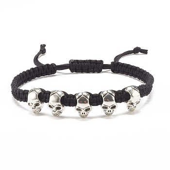 Skull Alloy Braided Bead Bracelet, Halloween Adjustable Bracelet for Women, Antique Silver, Inner Diameter: 2-3/8~3-3/8 inch(5.9~8.7cm)