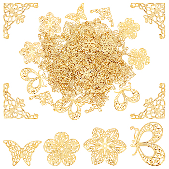 PandaHall Elite 5 Style Iron Filigree Joiners Links, Hollow, Butterfly/Flower/Triangle, Golden, 26~43x37~48x0.5~3mm, 96pcs/box