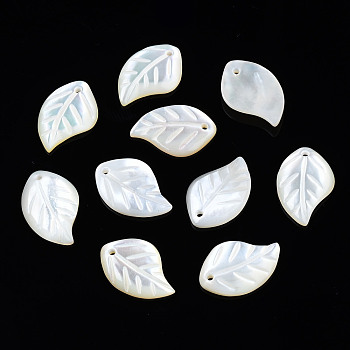 Natural White Shell Pendants, Leaf, 15~16x9~10x2mm, Hole: 1mm