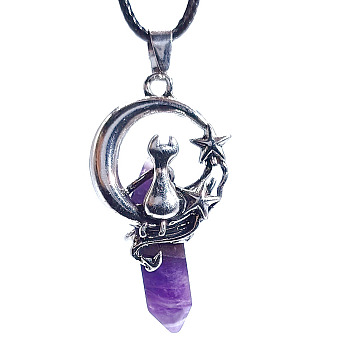 Natural Amethyst Pointed Faceted Bullet Pendants, Moon with Cat Charms, with Platinum Plated Alloy Findings, 50x22.5x17mm