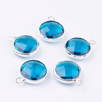 Silver Color Plated Brass Glass Flat Round Charms, Faceted, Marine Blue, 12x8.5x3mm, Hole: 1.5mm