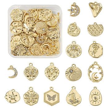 32pcs 16 style Alloy Pendants, Flat Round with Rose & Moon & Star & Horse Eye, Golden, 15~27x10~20.5x2~4mm, Hole: 1.6~2.2mm, 2pcs/style