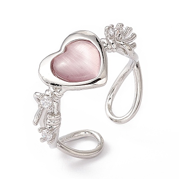 Glass Heart with Flower Open Cuff Ring, Platinum Brass Hollow Ring for Women, Pink, US Size 8 1/2(18.5mm)
