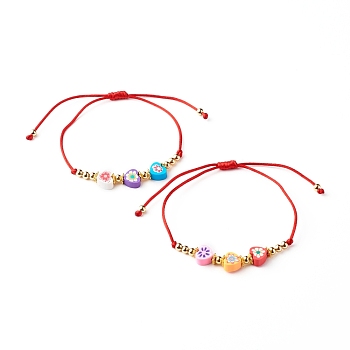 Adjustable Nylon Thread Braided Bracelets, with Polymer Clay Heart Bead and Brass Spacer Beads, Colorful, Red, Inner Diameter: 3/4~3-3/4 inch(1.8~9.5cm)