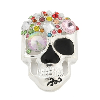 Alloy with Enamel and Rhinestone Cabochons, Halloween Theme Skull, Silver, 42x29x10mm