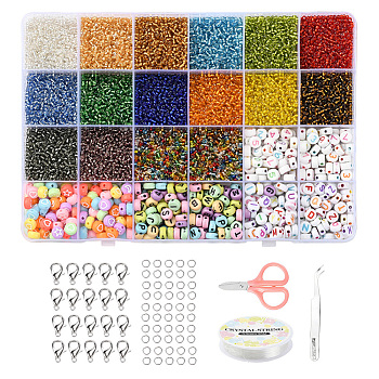 DIY Jewelry Making Kits, Including 16 Colors Round Silver Lined Round Hole Glass Seed Beads, 4 Style Flat Round Acrylic Beads, Zinc Alloy Clasps, Iron Jump Rings, Elastic Crystal Thread, Tweezers and Scissors, Mixed Color, Beads: 2mm, Hole: 1mm, 6~7x3~4mm,Hole: 1.5~2mm, 13280pcs/box