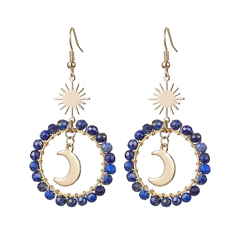 Moon & Star Copper Wire Wrapped Dangle Earrings, Natural Lapis Lazuli Beaded Long Drop Earrings, Golden, 65x33mm