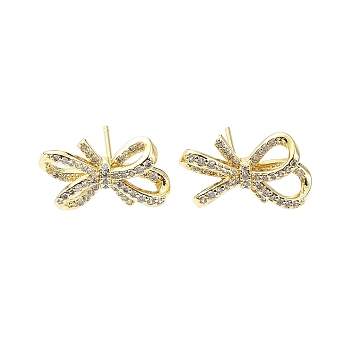 Rack Plating Brass Micro Pave Cubic Zirconia Stud Earring, Cadmium Free & Lead Free, Long-Lasting Plated, Bowknot, Real 18K Gold Plated, 11x18mm