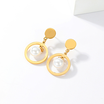 Elegant Stainless Steel Classic Pearl Stud Earrings for Women, Real 18K Gold Plated, 30x18mm