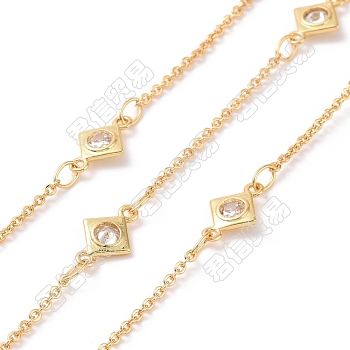 Clear Cubic Zirconia Rhombus Link Chains, with Brass Cable Chains, Unwelded, Lead Free, Real 18K Gold Plated, 10x6x1.5mm, about 3.28 Feet(1m)/Box