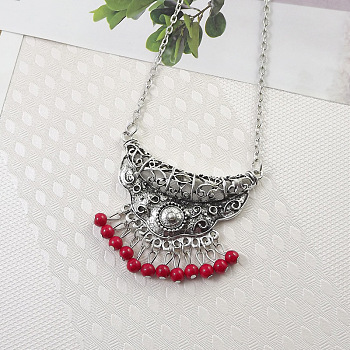 Yunnan Ethnic Style Miao Silver Pave Turquoise Pendant Necklaces Tibetan Nepalese Jewelry, Red