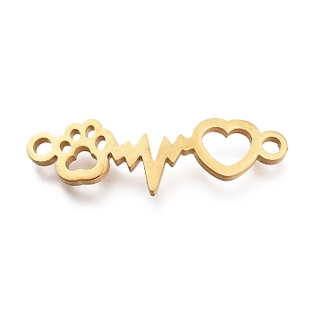 304 Stainless Steel Links Connectors, Laser Cut, Heartbeat, for Valentine's Day With Heart & Paw Print, Golden, 7x23x1mm, Hole: 1.5mm