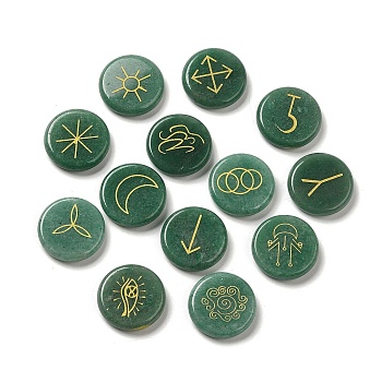 13Pcs Flat Round Natural Green Aventurine Rune Stones, Healing Stones for Chakras Balancing, Crystal Therapy, Meditation, Reiki, Divination, 24.5x5.5~7.5mm