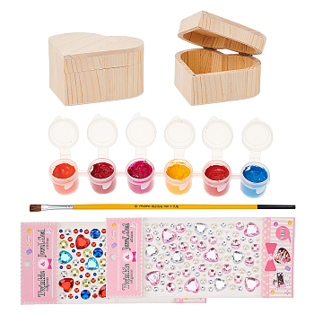 DIY Jewelry Boxes Kits, with Unfinished Heart Shape Wooden Jewelry Boxes, Wood Art Brushes Pen, Acrylic Rhinestone Sticker, Plastic Empty Paint Palette, Mixed Color, Boxes: 9.5x10.35x5cm, inner diameter: 6.4x8.8cm, 2pcs/set