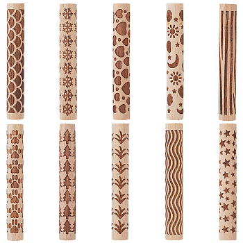 10Pcs 10 Styles Wood Rolling Pin, for Baking Embossed Cookies, Kitchen Tool, Mixed Shapes, 100~101x15mm, 1pc/style