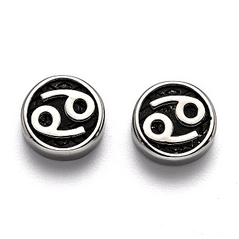 304 Stainless Steel Beads, Flat Round with Twelve Constellations, Antique Silver, Cancer, 10x4mm, Hole: 1.8mm