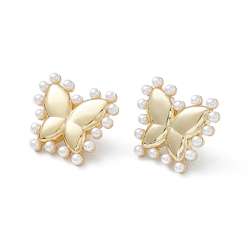 Long-Lasting Plated Brass Stud Earrings with Plastic Pearl for Women, Lead Free & Cadmium Free, Butterfly, Real 18K Gold Plated, 18.7x21x3.7mm, Pin: 0.9mm