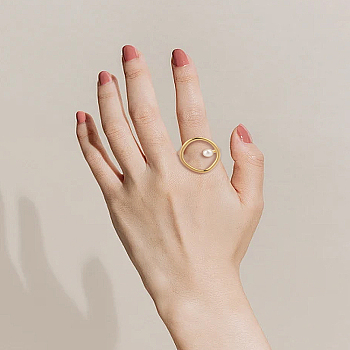 1Pc Ion Plating(IP) 304 Stainless Steel Oval Cuff Finger Rings for Women, with Round Plastic Imitation Pearl, Golden, 23mm, US Size 6(16.5mm), 1pc/set