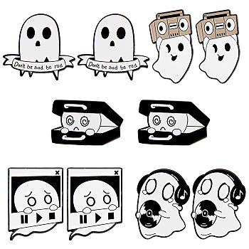 10Pcs 5 Styles Ghost with Word & Musical Instruments & Radio & Headset Enamel Pin, Electrophoresis Black Alloy Brooch for Clothes Backpack, White, 17.5~28.5x17~28.5x1.5~1.8mm, 2Pcs/style