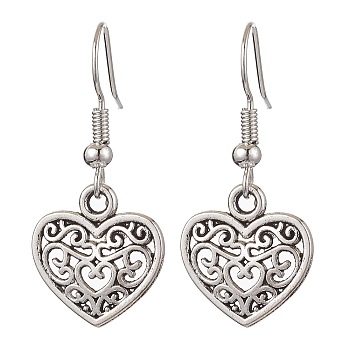 Alloy Dangle Earring, with Brass Earring Hooks, Heart, Antique Silver, 32x14.5mm