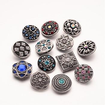 Flat Round with Mixed Style Zinc Alloy Jewelry Snap Buttons, with Rhinestone, Antique Silver, Mixed Color, 20~22x11mm, Knob: 5~5.5mm