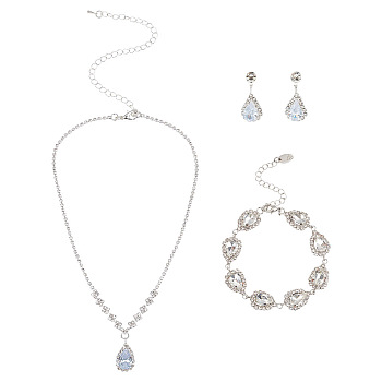 Crystal Rhinestone Jewelry Set, Alloy Teardrop Pendant Necklace & Dangle Stud Earrings & Link Chain Bracelet, Silver, 14.17 inch (36cm), 26x11mm, 6.89 inch(17.5cm)