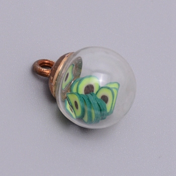 Transparent Glass Globe Pendants, with Resin Imitation Fruit Chips inside and Alloy Snap on Bails, Round, Avocado, Green, 21x16mm, Hole: 2mm
