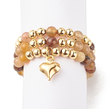 3 Uds. 3 anillos de dedo con cuentas de latón y piedras preciosas naturales de estilo con 304 colgantes de corazón de acero inoxidable para mujer(RJEW-JR00470)-4