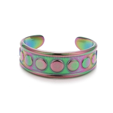 Ion Plating(IP) Rainbow Color 304 Stainless Steel Flat Round Pattern Open Cuff Ring for Women(RJEW-C025-01M)-2