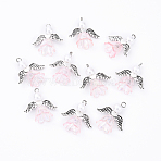 10Pcs Acrylic & Imitation Pearl Flower Angel Pendants, with Alloy Wings and Brass Findings, Antique Silver & Platinum, Misty Rose, 20mm, Hole: 2.2mm, 10pcs/set(PALLOY-YW00055-09)