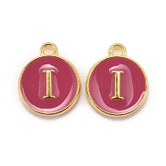 Golden Plated Alloy Enamel Charms, Cadmium Free & Lead Free, Enamelled Sequins, Flat Round with Letter, Camellia, Letter.I, 14x12x2mm, Hole: 1.5mm(ENAM-S118-08I)