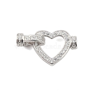 925 Sterling Silver Micro Pave Clear Cubic Zirconia Fold Over Clasps, Heart, Real Platinum Plated, 16x10.5x3.5mm, Hole: 4.5x2.5mm(STER-P060-42P)