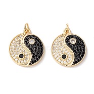 Rack Plating Brass Micro Pave Clear & Black Cubic Zirconia Pendants, Long-Lasting Plated, Cadmium Free & Lead Free, Flat Round with Yin Yang, Real 18K Gold Plated, 20.5x18x2.5mm, Hole: 3.6mm(X-KK-B050-01G)