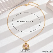 Vintage Ethnic Style Brass Pave Cubic Zirconia Flower Collarbone Pendant Necklaces for Women, Golden, Pink, 15.47 inch(39.3cm)(VW3489)