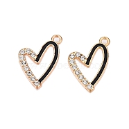 Alloy Enamel Pendants, with Crystal Rhinestone, Cadmium Free & Lead Free, Light Gold, Heart Charms, Black, 22x14x2mm, Hole: 1.8mm(PALLOY-N176-91KCG)