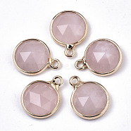 Natural Rose Quartz Charms, with Light Gold Plated Brass Edge and Loop, Half Round/Dome, Faceted, 14x11x5mm, Hole: 1.5mm(G-N326-49F)