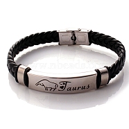 Braided Leather Cord Bracelets, Constellation Bracelet for Men, Taurus, 8-1/4 inch(21cm)(PW-WG99416-02)